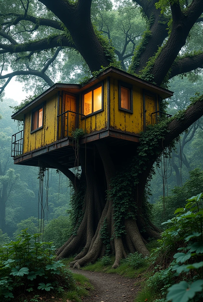 Cabane dans les arbres en métal rouillé jaunes, cabane en forme atypique d'environ 2m de haut sur trois de large et 5-6 de longueur, cabane reposant sur un chêne au tronc massif et au branche immense avec beaucoup de feuillage, des plantes grimpantes sur les murs extérieurs de la maison, décors post-apocalyptique dans la nuit dans un coins perdu d'une forêts