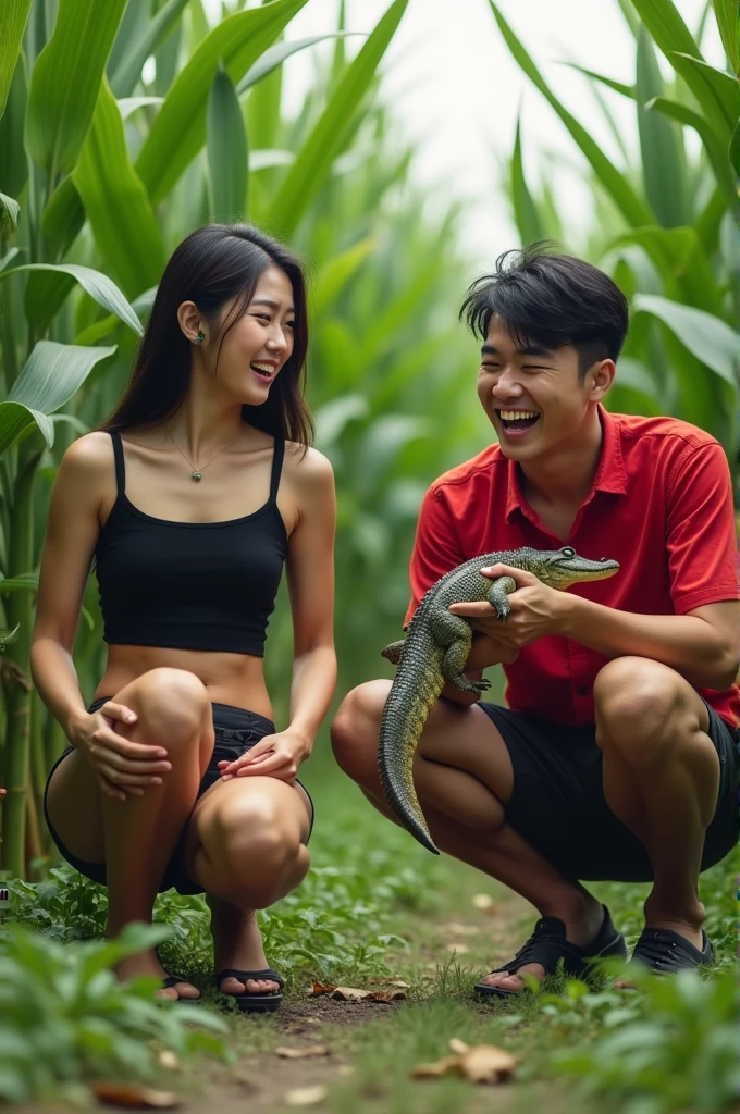 Prompt permission to tinker with kk Yinn Pon and sis Dinataa Maraatus Prompt : 

================================
Beautiful Korean woman wearing a black tank top, he sat down in fear, both hands unbuttoned his pants and a crocodile came out, there is a handsome man, wearing a red shirt, wearing shorts, holding a small crocodile while laughing, squatting beside the woman. Corn field background