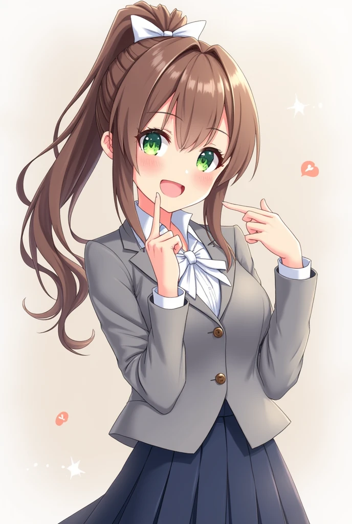 Monika, bangs, very long hair, smile, long hair, neck ribbon, looking at viewer, ponytail, shirt, school uniform, hair bow, white bow, pleated skirt, brown hair, grey jacket, sidelocks, solo, blush, blue skirt, skirt, 1girl, breasts, blazer, green eyes, eating poop focus, putting poop in the mouth,
