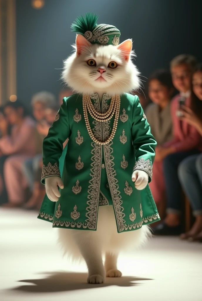 A fluffy white tabby cat glides down a runway on two legs, wearing a stunning Pakistani groom's green sherwani with heavy silver embroidery. He wears a matching turban and a pearl necklace. The crowd is enchanted, snapping photos of this glamorous groom."