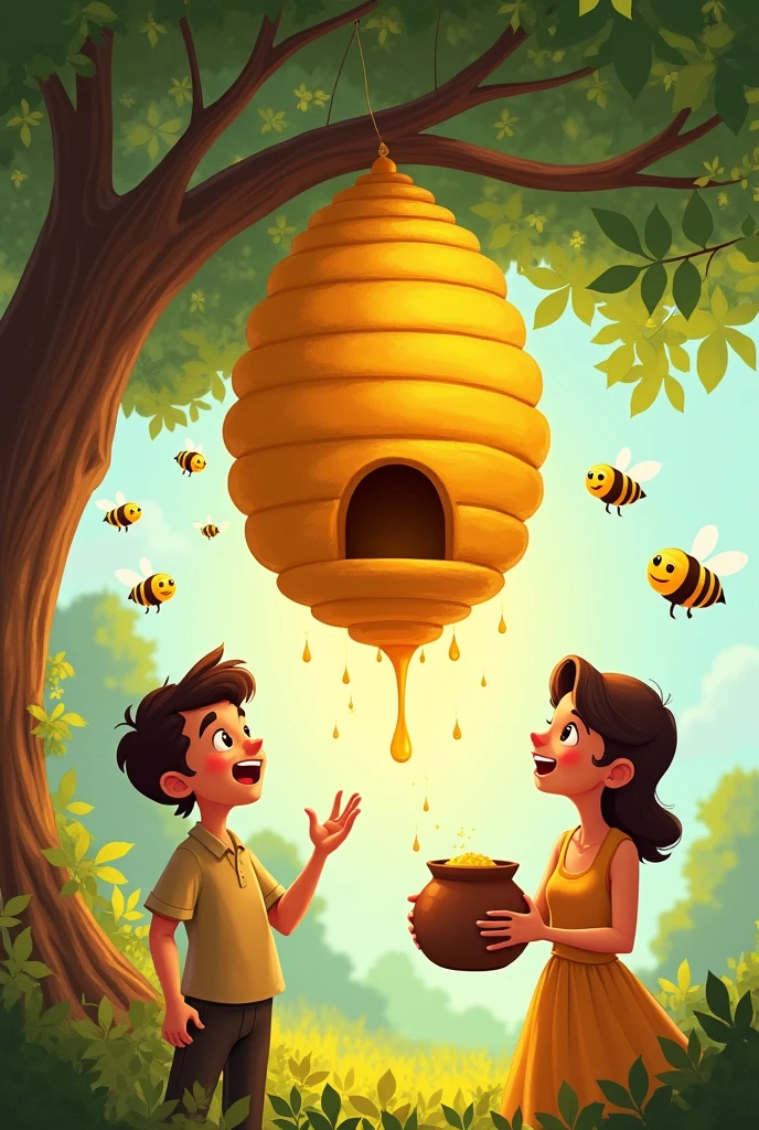 illustration , An illustration of a golden beehive hanging from a tree, with Singing Bees flying around. Luke sings a song while Mary holds a pot of honey. Bees have happy and grateful expressions. Disney pixar