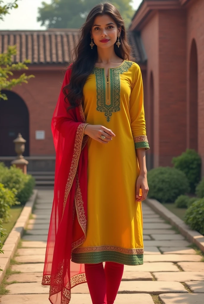 beautiful 20 year old hot girl face like anushka sen having medium height, wears the vibrant traditional Indian outfit against a backdrop of a red-brick building with a tiled roof. The outfit is a beautiful combination of a yellow kurta adorned with minimalistic embroidery, accented with a green yoke and borders. The kurta is complemented by a contrasting red dupatta with intricate golden detailing along its edges. The individual pairs this with red leggings that match the dupatta, contributing to a cohesive and elegant. The girl having simple gold wristwatch, adding a subtle touch of elegance. Her long, dark hair cascades down, blending naturally with the rich colors of her attire. She stands on a stone-pathway, which further emphasizes the traditional and serene ambiance of the setting. Surrounding greenery and architectural elements hint at a cultural or historical area, enhancing the scene's overall aesthetic appeal. The individual is wearing comfortable, beige slip-on sandals, completing the attire with a touch of modern simplicity.