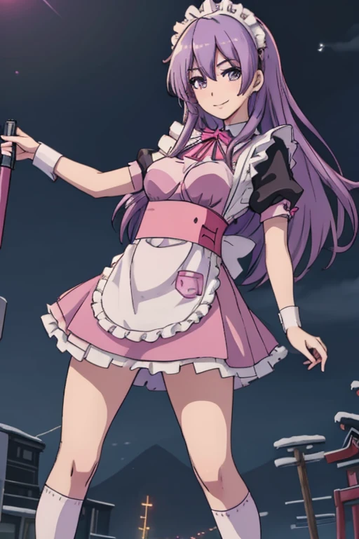 One Girl, (((Japanese Mature Maid 1.5))), alone, ((long purple hair 1.4)), (Sexy Aunt),((Thighs)), Adult sex appeal, ((Pink miniskirt maid outfit 1.5)),((Knee-high socks 1.4)),whole body, ((Shoot a gun 1.2)),bangs, Realistic,((Small breasts 1.2)), (Cel animation),tune 4k, Highest quality, Slender beauty, Very clear photos, Beautiful pose、((Cute pink maid outfit))、smile、Straight hair,((Night city background))