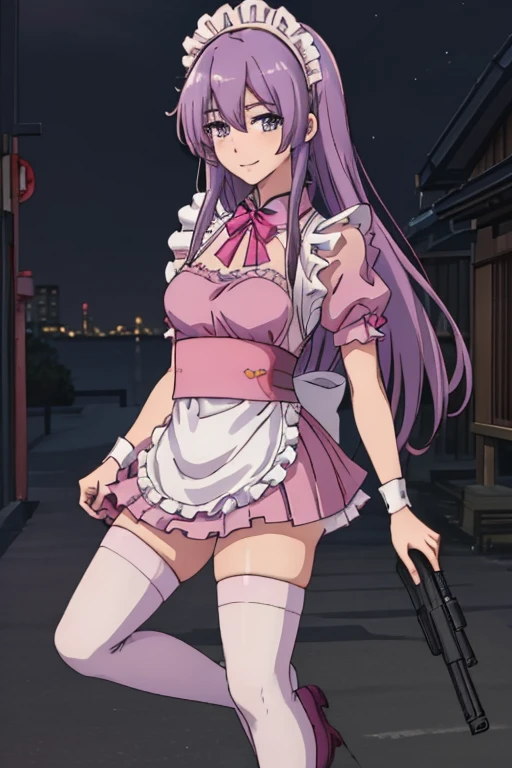 One Girl, (((Japanese Mature Maid 1.5))), alone, ((long purple hair 1.4)), (Sexy Aunt)，((Thighs)), Adult sex appeal, ((Pink miniskirt maid outfit 1.5))，((Knee-high socks 1.4)),whole body, ((Shoot a gun 1.2)),bangs, Realistic,((Small breasts 1.2)), (Cel animation),tune 4k, Highest quality, Slender beauty, Very clear photos, Beautiful pose、((Cute pink maid outfit))、smile、Straight hair,((Night city background))