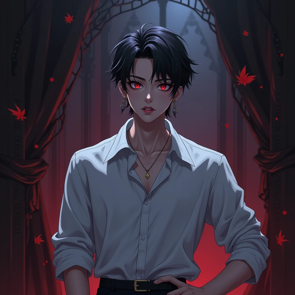 BTS Jeon jungkook as vampire dark aesthetic with piercings on her ear lips wearing white loose shirt in anime version 