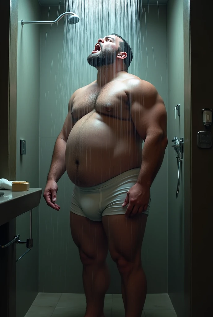  JOGADOR DE RUGBY parrudo de fully body cueca boxer branca, taking a shower under the shower turned on, protruding belly on display, fully body, fatter, soap at your feet, looking up and open-mouthed moaning in pleasure, bathroom background with shower on, humid, vapour, water, immersive and sensual lighting
