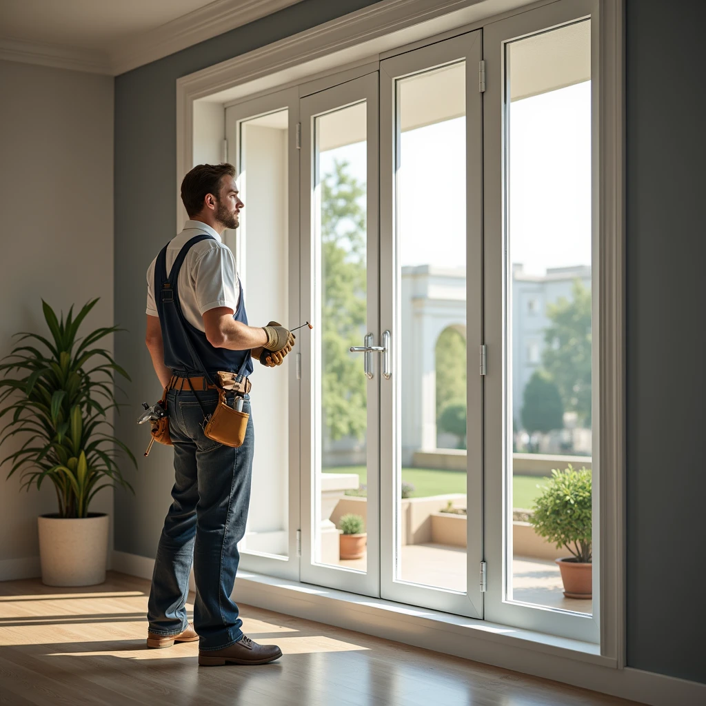 A realistic and professional scene featuring a partially installed PVC window with disassembled slopes in a well-lit, elegant home interior. The window frame is visible, with some areas filled with foam insulation, while other parts of the slopes are yet to be completed. A skilled worker stands next to the window, dressed in clean, professional work attire, holding tools used in the installation process. The worker is focused on the task, with a confident posture, showing the ongoing work. The setting is a modern, stylish room, with natural light enhancing the details of the window and the foam-filled sections. The overall atmosphere is one of professionalism and attention to detail, highlighting both the quality of the work in progress and the expertise of the craftsman.