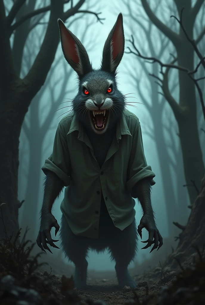 Evil female rabbit in a spooky forest. wearing a closed shirt and sharp claws 