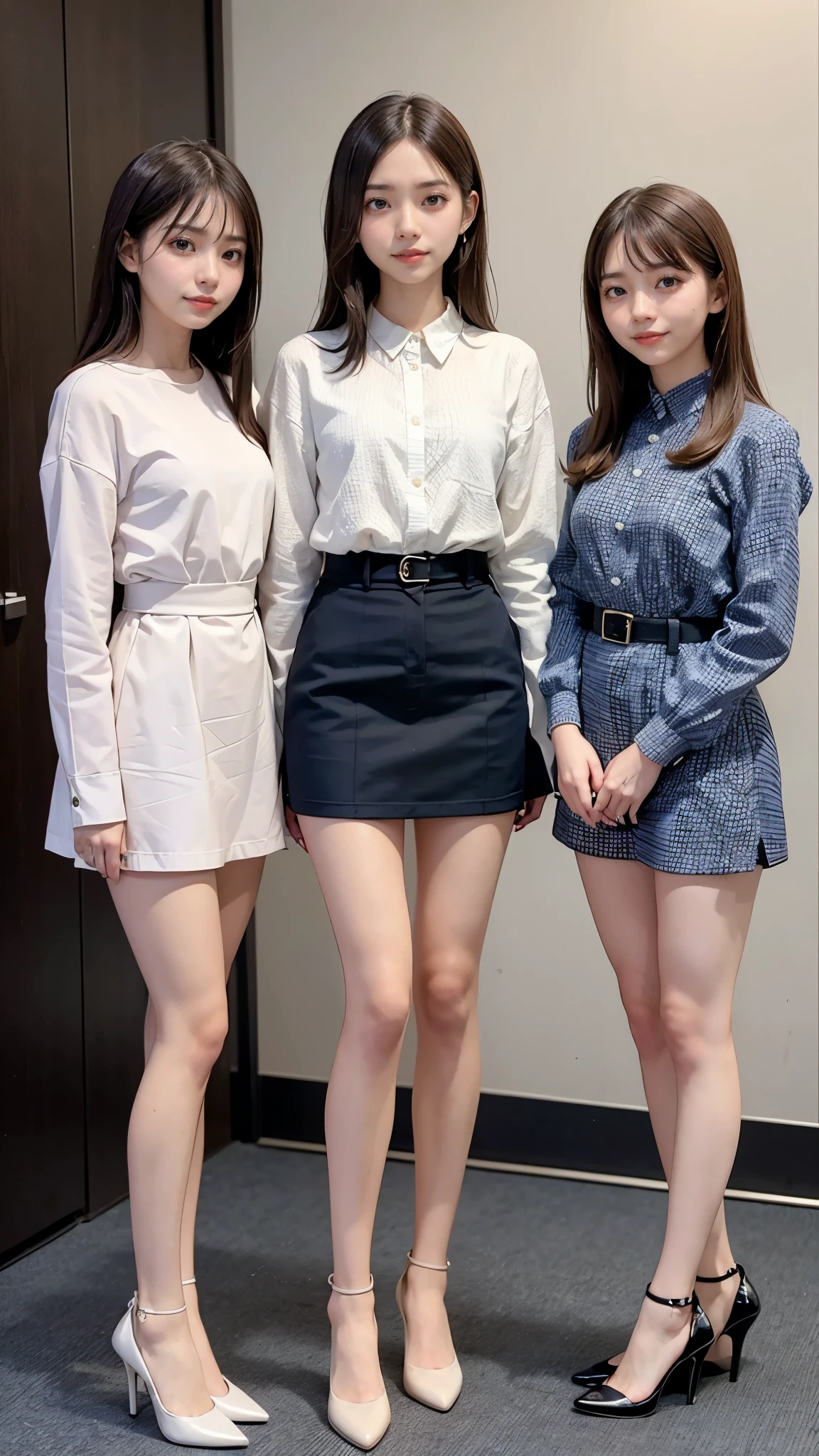 hot pants、Seductive smile、Supermodel、Perfect build、Muchimuchi、Three girls are looking at the viewer、　3 girls、、beautiful feet、smile、Black Nun、short ruffle skirt、