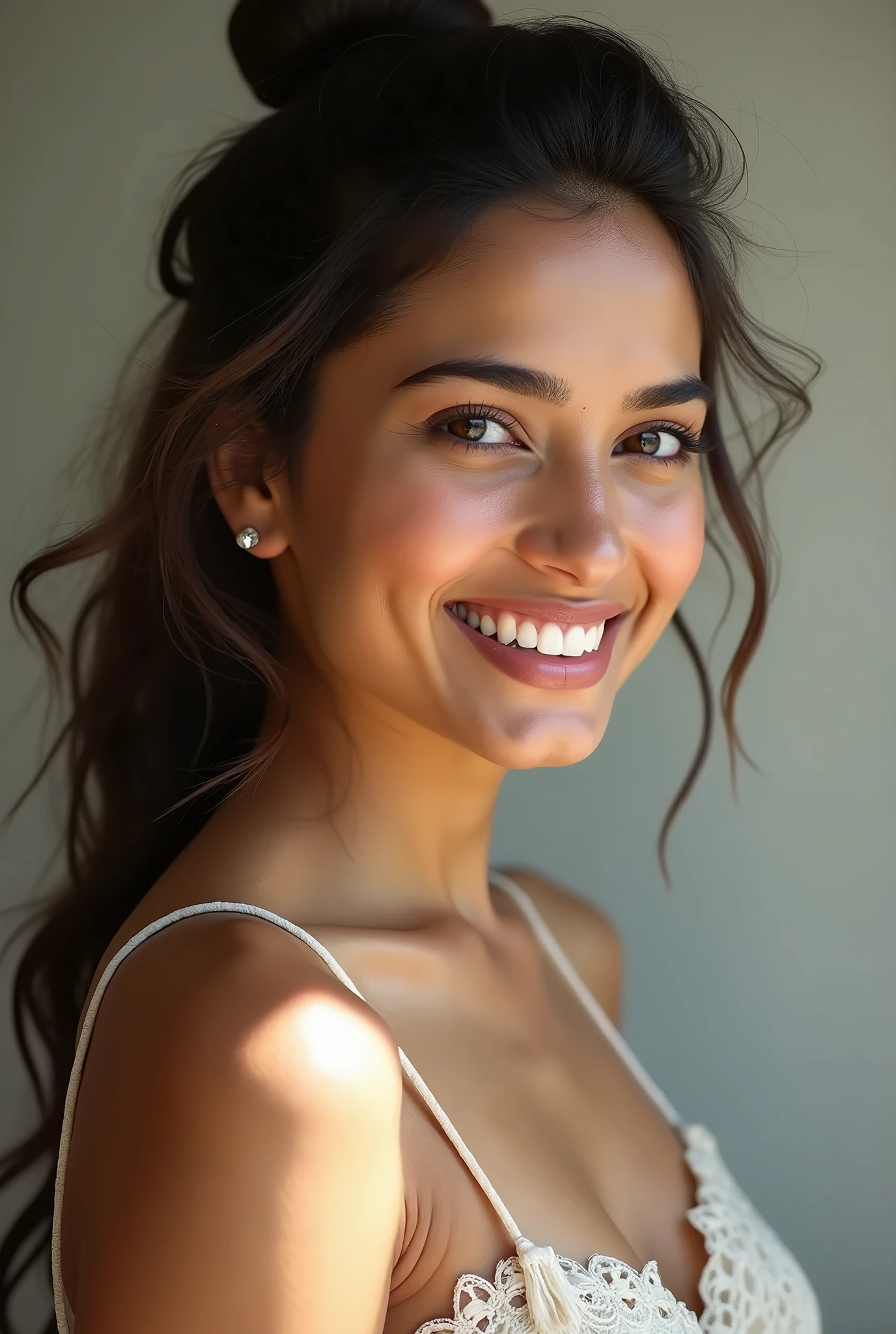 There is a young, Beautiful indian woman, who looks to the future like Katrina Kaif, Smiles into the camera, beautiful teeth, She looks into the camera, a portrait from raw photo, body, conservative modern europen color dress, ((hair Top Knot),