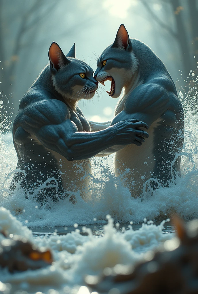 Big six pack cat and big shark cat are fighting in.to.the River 