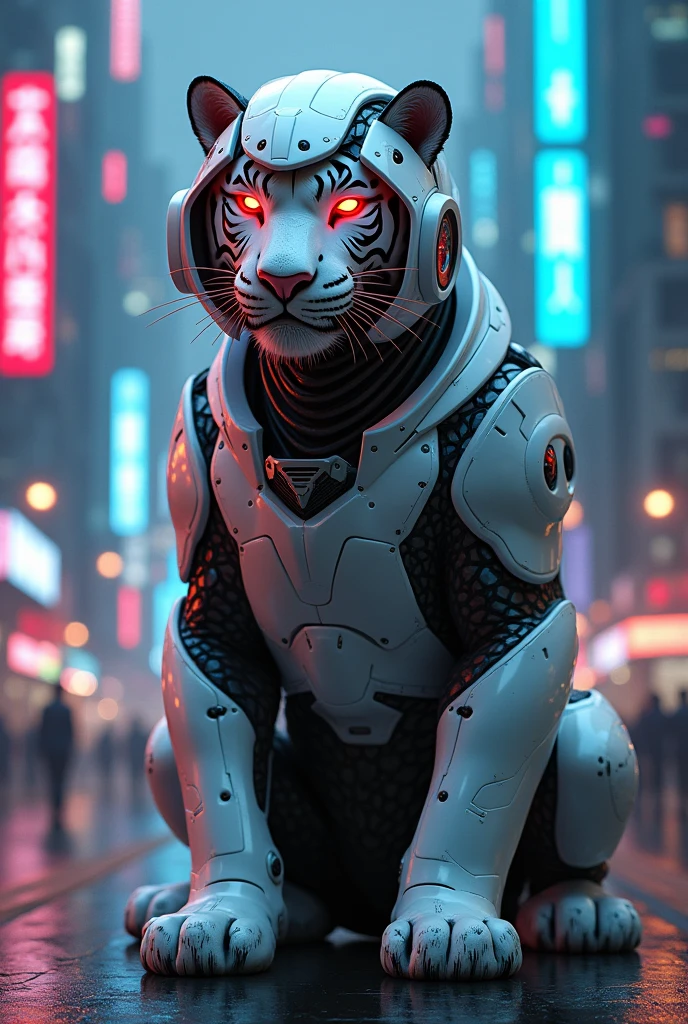 Tiger in white glossy cyborg helmet and custom with red glowing eyes sitting in cyberpunk neon city with blue and pink lights 
Video 