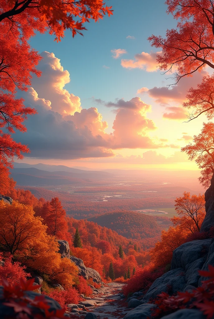 Realistically、View from the top of a small hill、Beautiful autumn leaves、Depth emphasis、Spectacular blue and orange sunset、There are big clouds