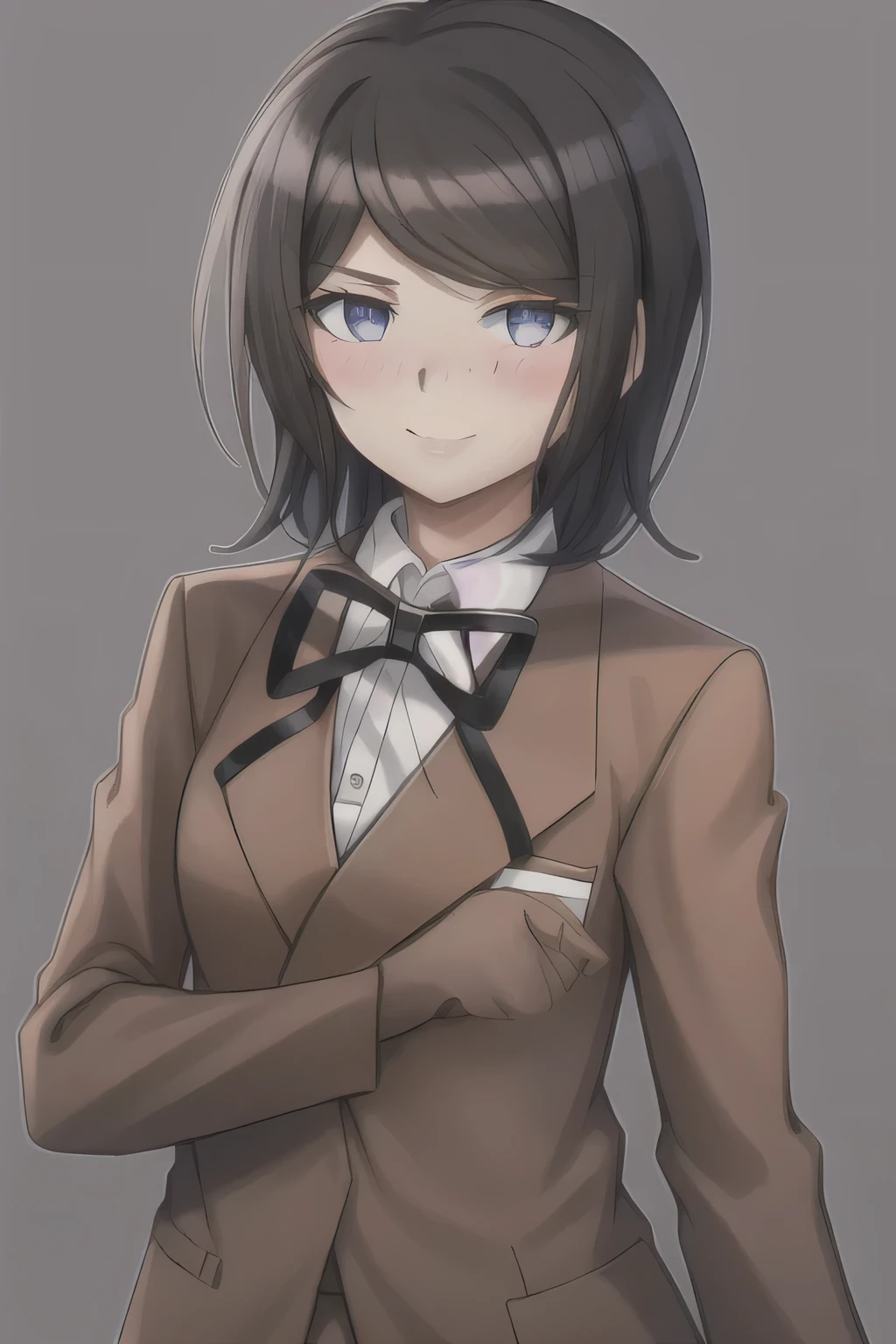 Masterpiece, Best Quality,  1girl, solo, jacket, ribbon, shirt, neck ribbon, upper body, looking at viewer with shy blushing smile, collared shirt, brown jacket, white shirt, black ribbon, breasts, simple background, closed mouth, white background, long sleeves, shiny hair, school uniform, transparent background, medium breasts, shiny. 