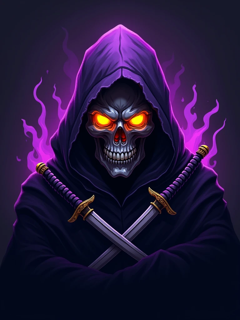 “Design a highly detailed, dark fantasy-inspired logo for an e-sports company. The centerpiece is a menacing skull with glowing golden eyes and a sinister grin, shrouded in a tattered, dark purple hooded cloak. The cloak should appear to be made of mystical, flowing energy, giving it a ghostly, ethereal look, with vibrant purple highlights that contrast against the deep, dark background. Include “two curved”, sharp mini samurai daggers partially visible beneath the cloak to enhance the figure’s threatening presence. The overall design should exude power, aggression, and a competitive spirit, making it ideal for a dominating e-sports brand. The color palette should focus on deep purples, blacks, and vibrant gold, with white highlights to emphasize depth and intensity. Ensure the logo captures a strong, mysterious, and fierce identity, perfect for the world of e-sports.”
