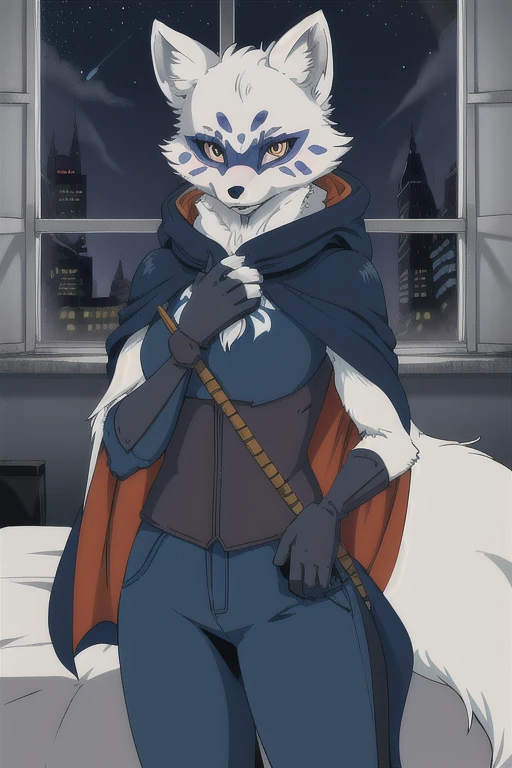 Alopex, arctic fox, furry, blue marks, tmnt, orange eyes, girl1, solo, cape, cloak, gloves, pants, best quality, masterpiece,, room, night, window, bed, 