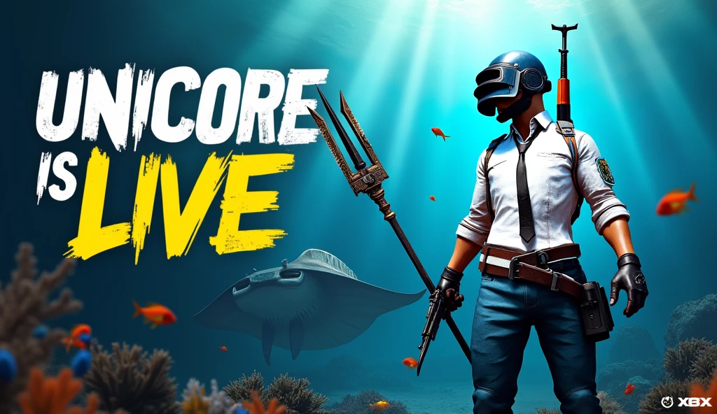I want a baground of see fishes stingray a pubg character who hold a trident in his hand and stan right side of image and write unicore is live in big size in three rows in left side in gaming font in yellow and white color write is under unicore