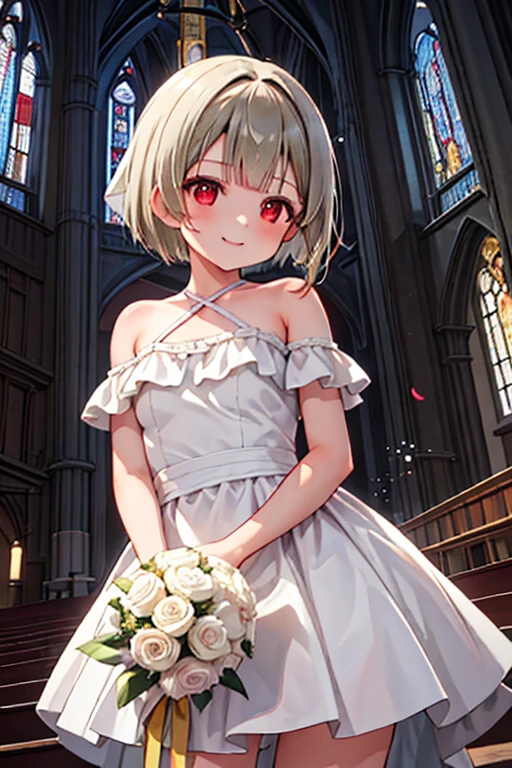 One Girl, Cowboy Shot, High resolution, smile, Highest quality, masterpiece, Tan Hair,Bobcut,short hair,ワンレングスBobcut,Asymmetrical hair,Long left bangs,Red Eye,Stained glass,church,nakasu kasumi,Wedding dress,bouquet