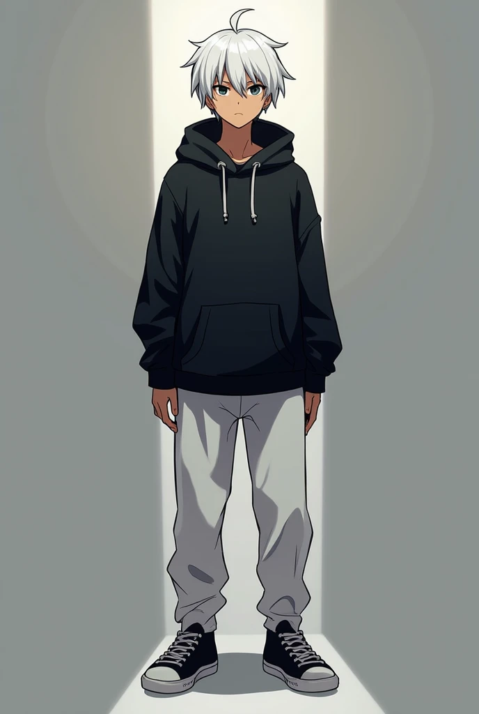 A adult boy skin colur brown balck hoodie and white pant hair white eye colour white balck shoes in anime