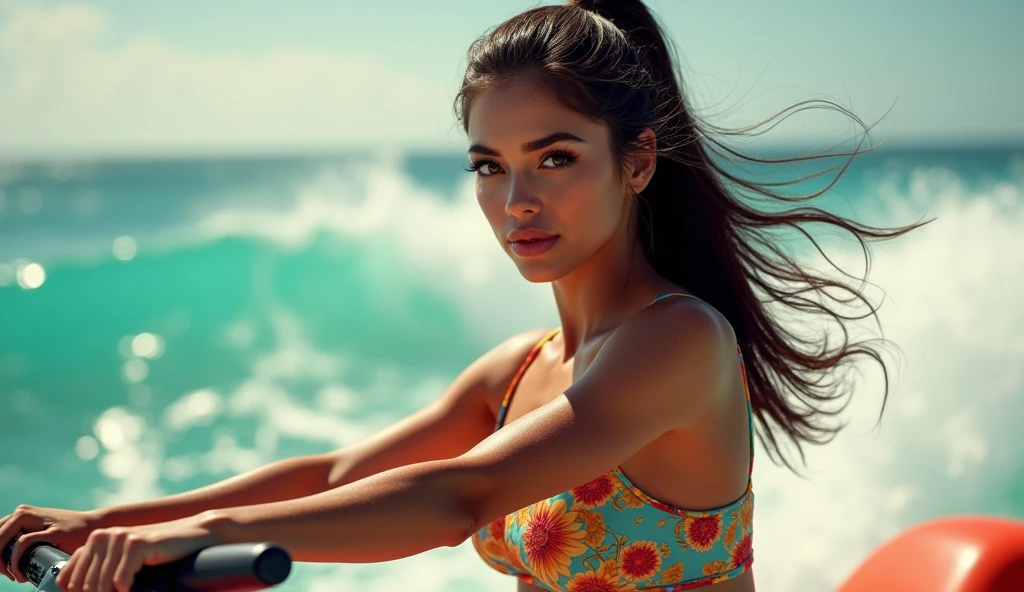beautiful mexican, curvy, woman, detailed eyes, beautiful detailed lips, extremely detailed eyes and face, longeyelashes, 1woman, professional, neat long hair, tight ponytail, wearing colorful summer clothes, adventurous, riding a jet ski, (best quality,4k,8k,highres,masterpiece:1.2),ultra-detailed,(realistic,photorealistic,photo-realistic:1.37),portrait,studio lighting,vivid colors,sharp focus,physically-based rendering,extreme detail description
