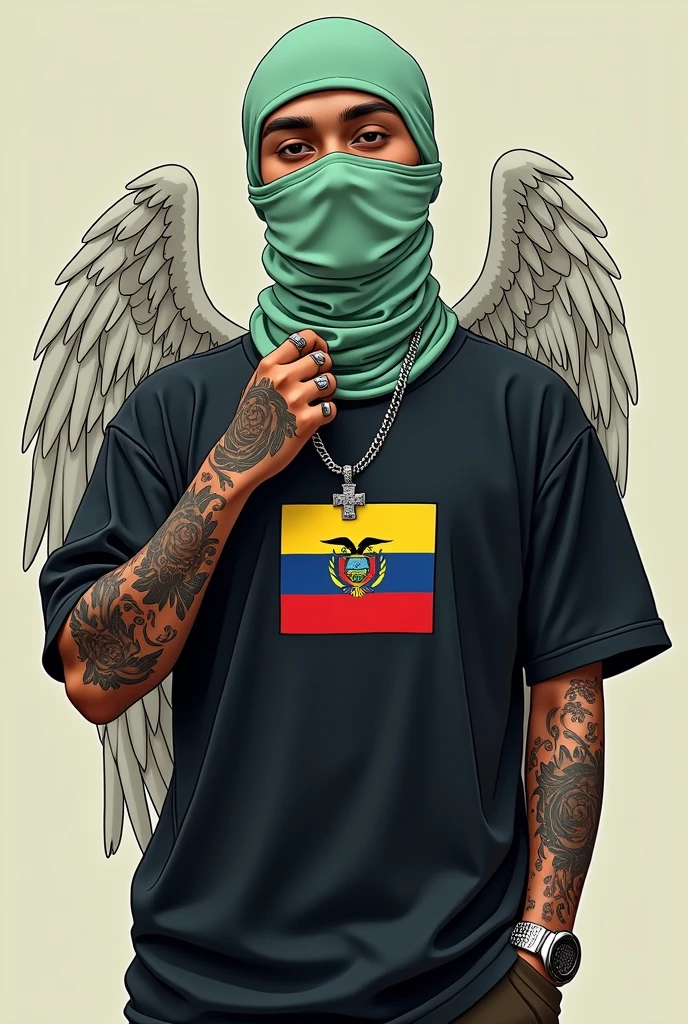 Create me a logo of a age rapper with a light green balaclava with a black shirt with a small print of the Ecuadorian flag slipping a silver chain with a cross pendant around his neck with his hands and with a hand making the peace sign with his fingers and with tattoos on his arms and with wings on his back of an angel and that below it says ElJONYFF in all capital letters