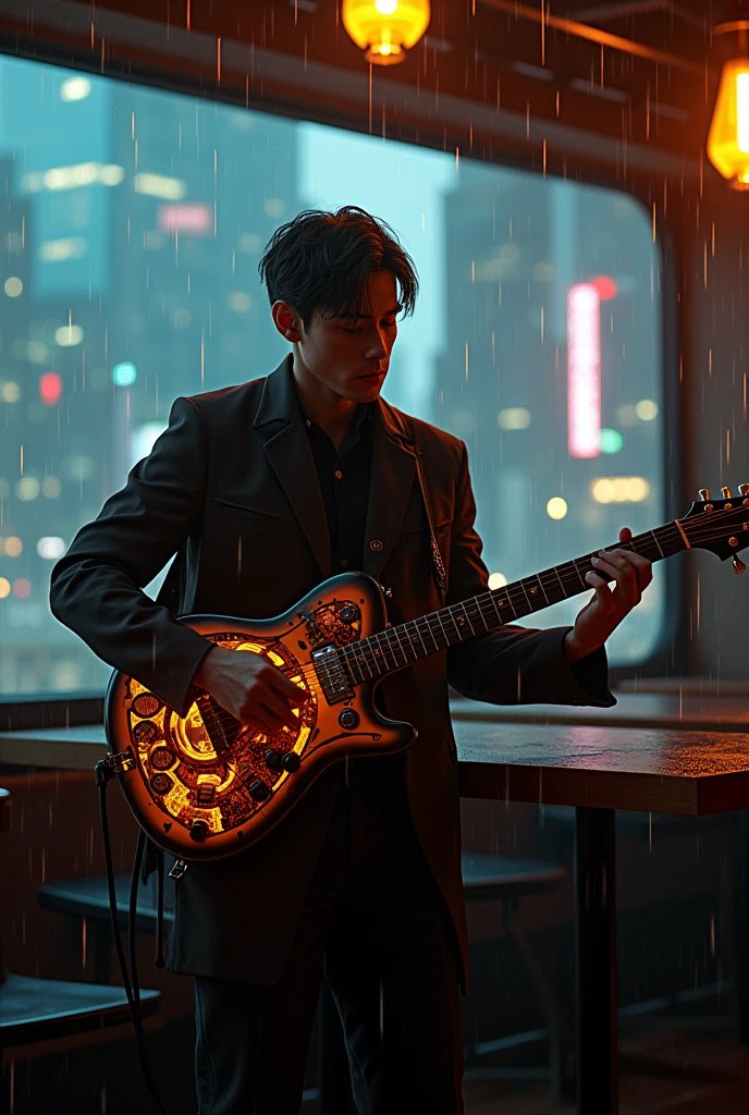 Man guitarist plays sci-fi guitar in cyberpunk cafeteria, it rainy behind window, it night behind window, dark ambient, warm light, photorealism