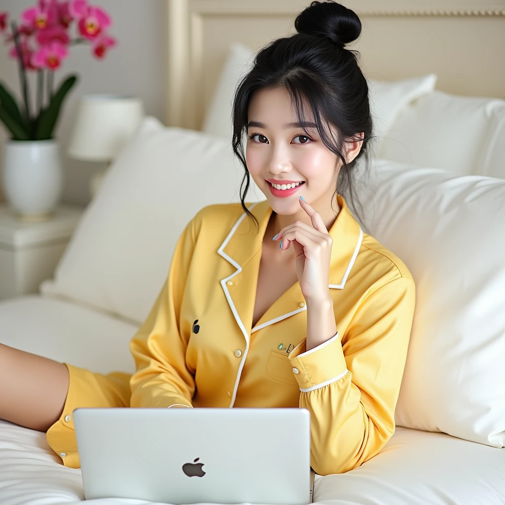 Beautiful Korean Women , smooth white skin, well-groomed face,black hair, bun up Korean style, wearing yellow pajamas with fruit motifs  ,posing sitting on a luxurious bed, santi logo motif pillow, eyes looking at camera,smiled faintly, while holding an iPhone laptop,bright white room color, Background, very luxurious room there, AC, there are beautiful flower paintings and orchids in red pink, realistic original photos 