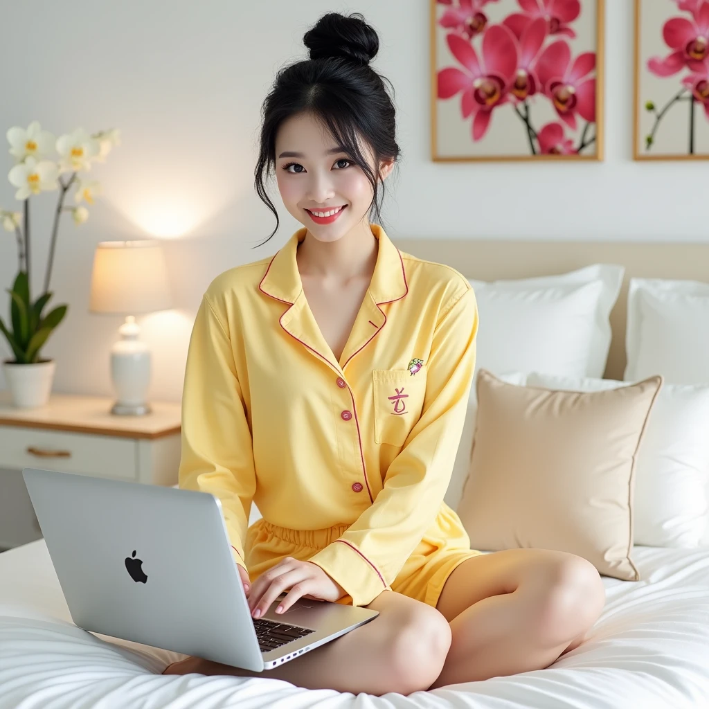 Beautiful Korean Women , smooth white skin, well-groomed face,black hair, bun up Korean style, wearing yellow pajamas with fruit motifs ,posing sitting on a luxurious bed, santi logo motif pillow, eyes looking at camera,smiled faintly, while holding an iPhone laptop,bright white room color, Background, very luxurious room there, AC, there are beautiful flower paintings and orchids in red pink, realistic original photos
