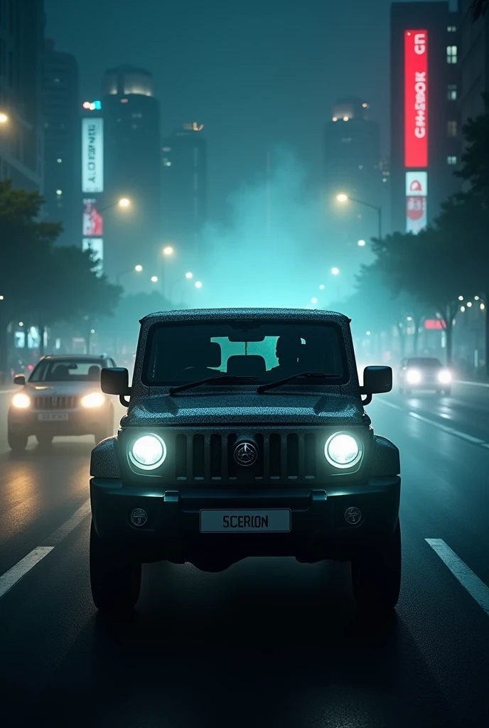 
 driving a Mahindra Scorpio in busy road in Singapore at night with fog 