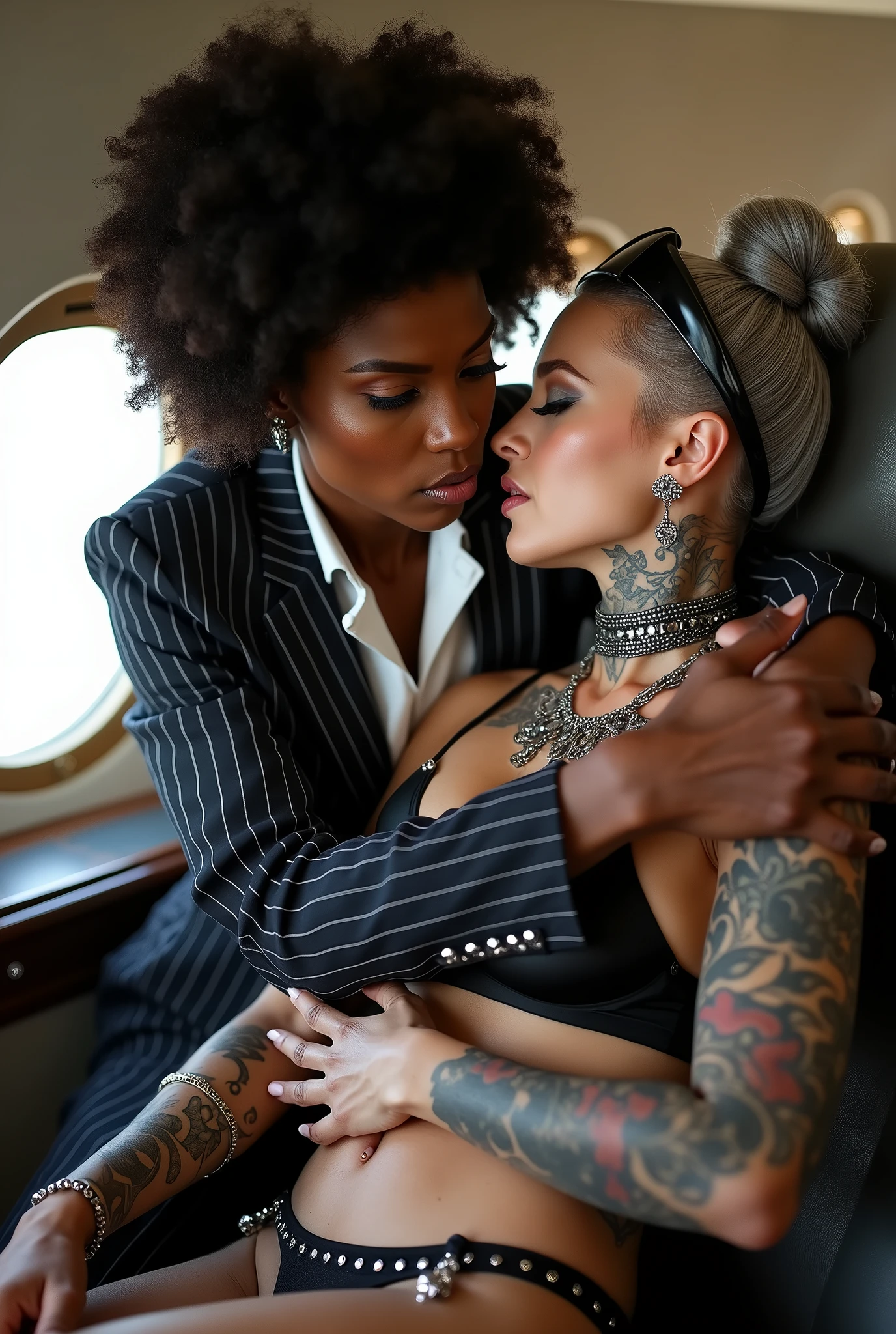 Two russian old milf women: the dominant aggressive dark skinned black woman in white silk blouse, business pinstripe suit jacket and pinstripe trousers,  long nails and afro hair, sitting on a sear of a private jet with possessive stance (arms around her girlfriends' shoulders squishing her tightly, groping the body of the white woman with her other hand). Next to her, spooning, her white rich girlfriend leaning over her (very pale: pale face, pale neck, pale chest, pale arms, pale hands, pale stomach, pale leg), the white woman is nervous because she's afraid of flying, white woman stretches her neck and looks st the camera, submissive and shy look in her eyes white woman in laid back posture spreading her leg with hands on her girlfriend's arm. White woman in black silk robe wears Black shiny studded leather thong, grey hair (pouf, shaved sides, top bun) and oversized square sunglasses as headband. Big lips. Black studded leather push up bra, silicone breasts. Barefoot. White woman wears a lot of necklaces and pendants around her neck, and a lot of silver bracelets. Loose chains and thin studded belts around the hips of the white woman. White woman is lazy, leaning back and hips forward, and arching her back.. The white woman is densely tattooed on neck,  tattoos on chest, tattoos on arms, tattoos on stomach, tattoos on legs. White woman has well Toned abdominals, thin neck, slim legs and thin arms. Narrow hips. Inside a private jet Good illumination 