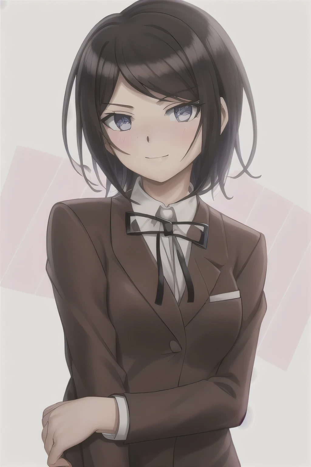 Masterpiece, Best Quality,  1girl, solo, jacket, ribbon, shirt, neck ribbon, upper body, looking at viewer with shy blushing smile, collared shirt, brown jacket, white shirt, black ribbon, breasts, simple background, closed mouth, white background, long sleeves, shiny hair, school uniform, transparent background, medium breasts, shiny. 