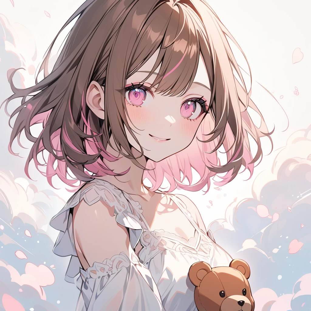 good looking, alone, 1 female, Medium Hair, Brown Hair, Pink highlights on the tips, Pale pink eyes,Smile Facial,White dress,teddy bear