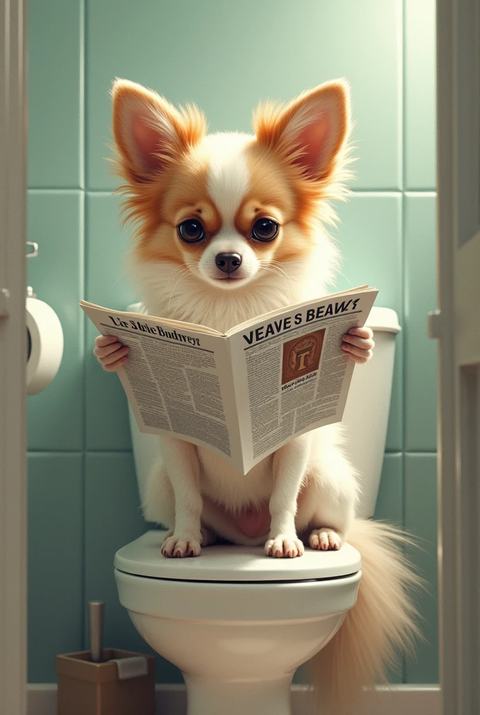 A picture of a long-haired chihuahua from the filming locations has. The dog is white but the right half of the face is light brown. The dog sits on a toilet and reads a newspaper