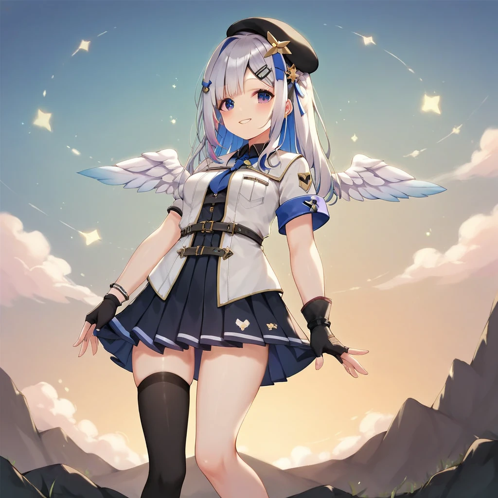 kanatan_wrk,
1girl,
solo,
beret,
thighhighs,
hair ornament,
single thighhigh,
partially fingerless gloves,
pleated dress,
angel wings,
single sock,
black gloves,
smile,scenery,glowing effects,mount a horse