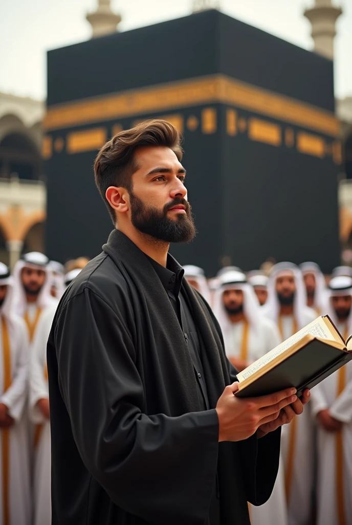 A bearded handsome young man preaches Islam with Quran in his hand next to the Kaaba house in Mecca. There are many people around him and looking at the young man, the handsome man is standing holding the Quran in one hand while the other hand is pointing upwards. 
There will be a picture of Kaaba Sharif in the background. All will wear Arabic clothes.