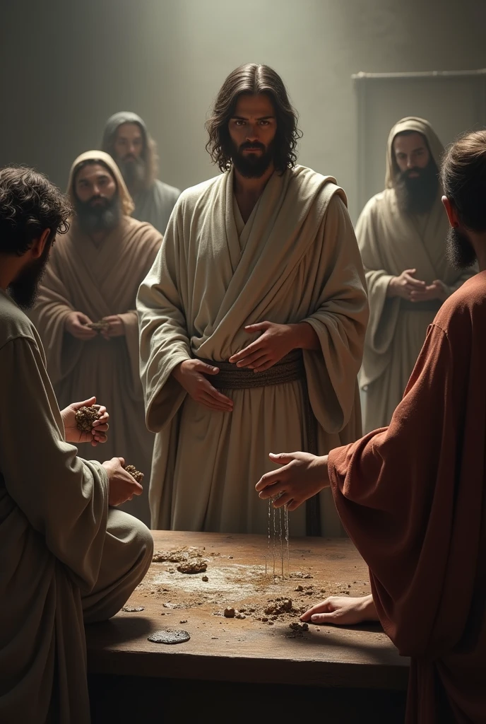image of a man eating with dirty hands, while in the background the Pharisees are washing their hands. Jesus arrives on the scene, observing everything calmly.