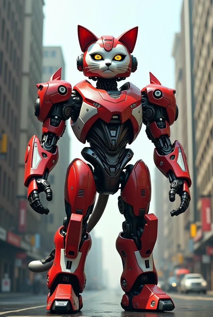 A cat in a robot suit is standing on two legs in a tall building in a red and white transformers outfit