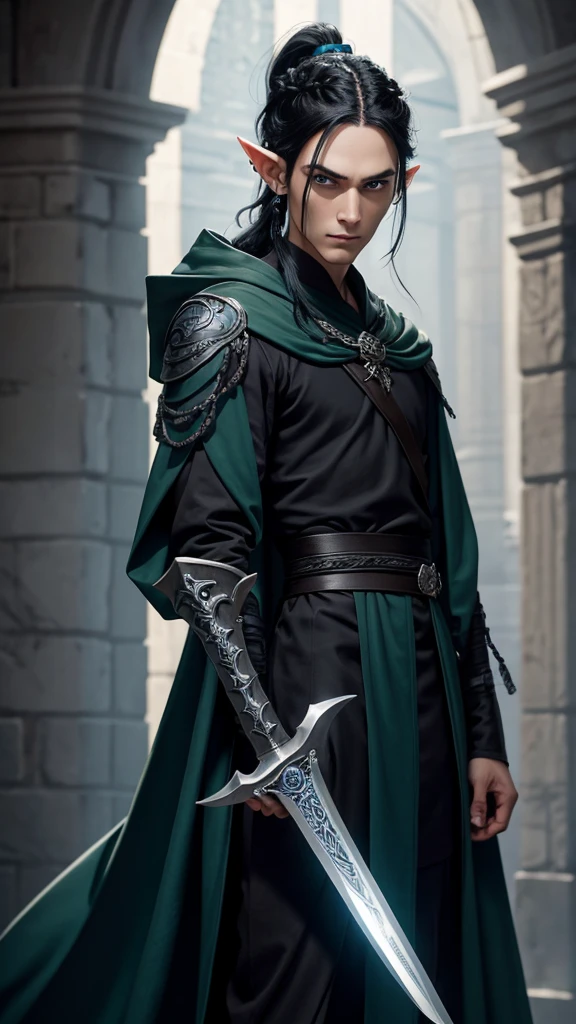 Black haired male elf, slender face, high cheek bones, haughty expression with piercing blue eyes. Hair braided into a shoulder length ponytail with small silver pins decorating its length. Standing, looking at viewer, dressed in long, dark green robes. Holding a curving scimitar by the hilt in one hand - the blade of which rests on his shoulder. Oil painting.