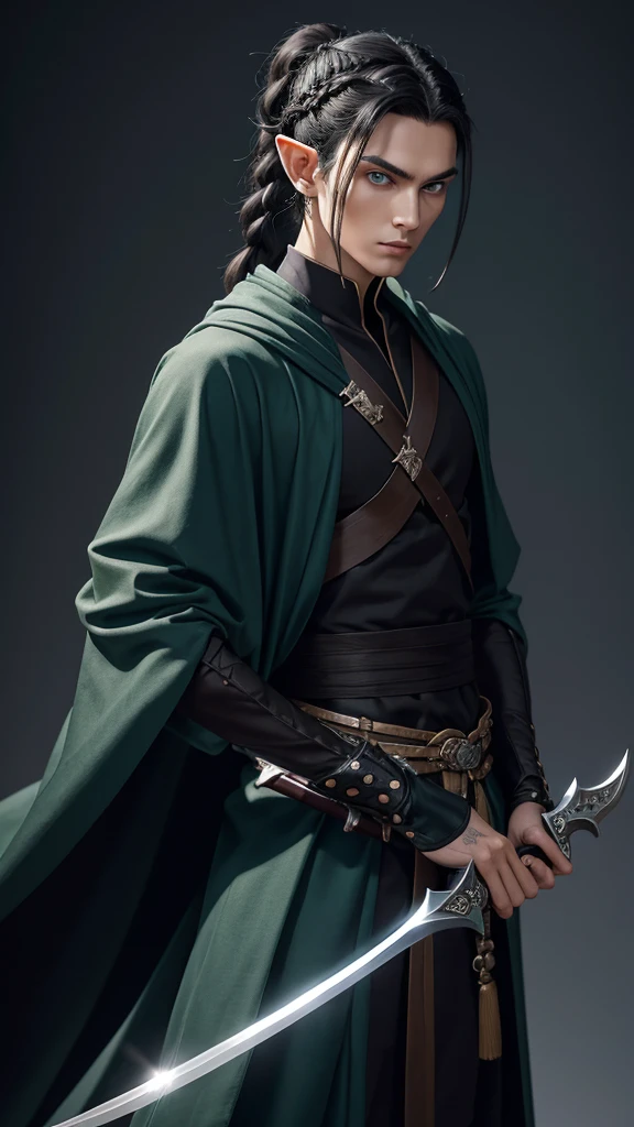 Black haired male elf, slender face, high cheek bones, haughty expression with piercing blue eyes. Hair braided into a shoulder length ponytail with small silver pins decorating its length. Standing, looking at viewer, dressed in long, dark green robes. Holding a curving scimitar by the hilt in one hand - the blade of which rests on his shoulder. Oil painting.