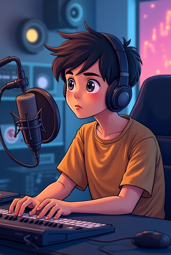 a boy teenager who set on his studio in front of camera with a mic and talking 2d picture