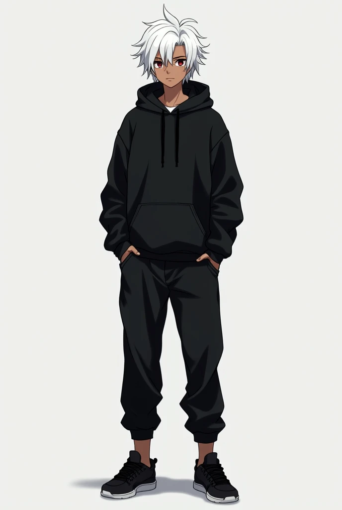 A adult boy skin colur brown balck hoodie and black pant hair white eye colour white balck shoes in anime