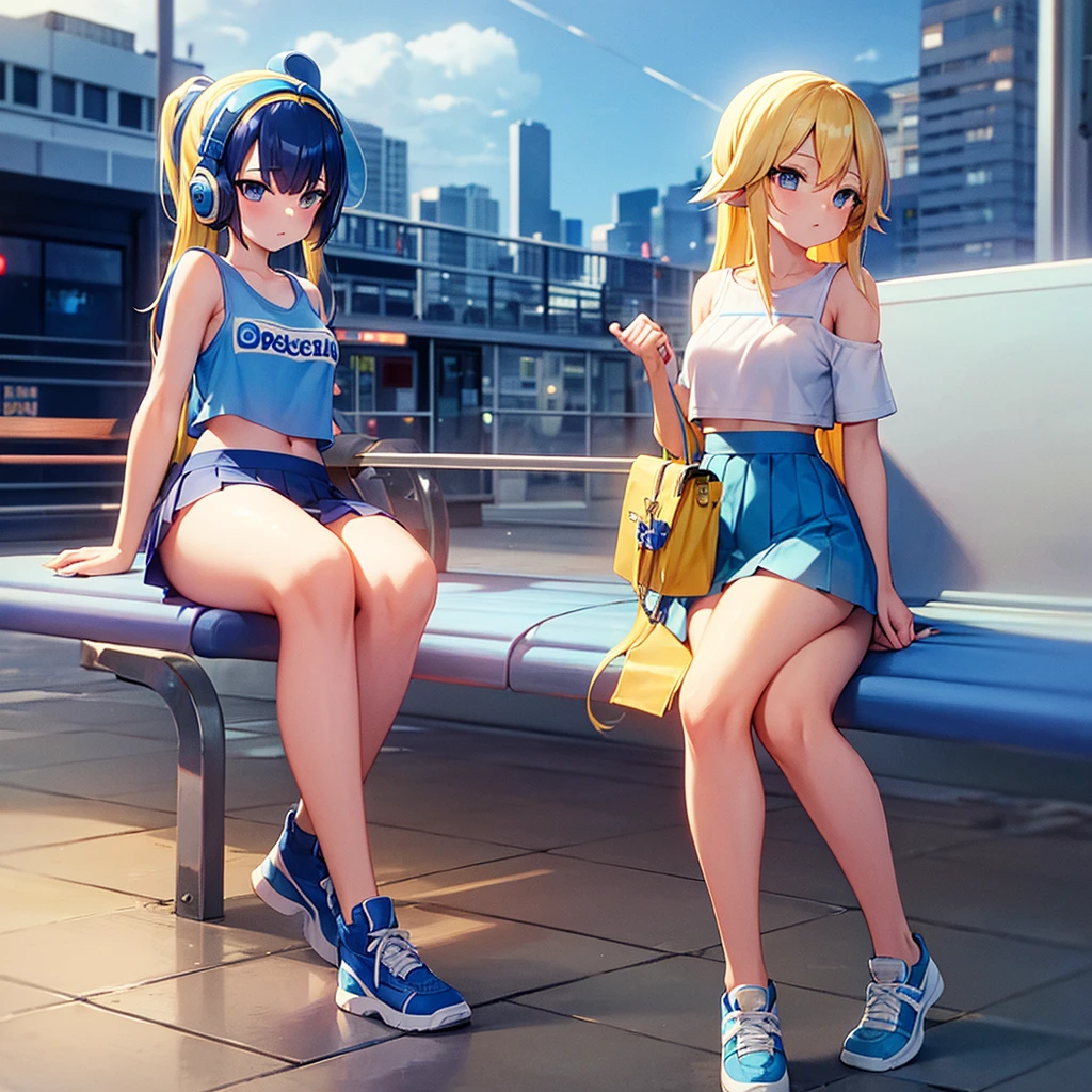 best quality, masterpiece, 1 girl, yellow hair, Blue eyes, splatoon, Highly transparent picture, medium breasts, short, blue headphones, white frilled crop tops, off shoulder, bare shoulder, blue short skirt, mini skirt, long hair, looking down, side view, yellow ink, night, city, delicate、Petite、outside, Thick legs、navel, short sleeve, blue sneaker, on station platform, bench, train,