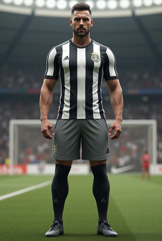 football uniform, gray vertical striped shirt, White and black; Grey shorts; blackstockings.