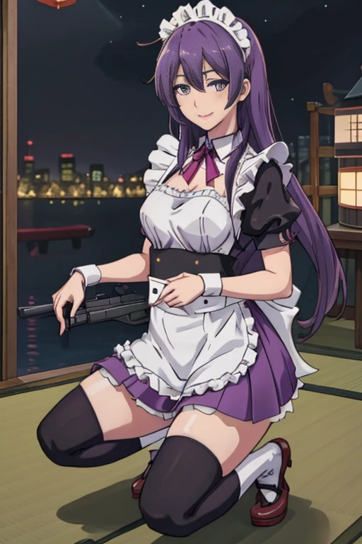 One Girl, (((Japanese Mature Maid 1.5))), alone, ((long purple hair 1.4)), (Sexy Aunt)，((Thighs)), Adult sex appeal, ((Miniskirt maid outfit 1.5))，((Knee-high socks 1.4)),whole body, ((Shoot a gun 1.2)),bangs, Realistic,((Small breasts 1.2)), (Cel animation),tune 4k, Highest quality, Slender beauty, Very clear photos, Beautiful pose、((Cute maid outfit))、smile、Straight hair,((Night city background))