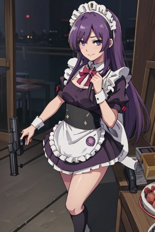 One Girl, (((Japanese Mature Maid 1.5))), alone, ((long purple hair 1.4)), (Sexy Aunt)，((Thighs)), Adult sex appeal, ((Miniskirt maid outfit 1.5))，((Knee-high socks 1.4)),whole body, ((Shoot a gun 1.2)),bangs, Realistic,((Small breasts 1.2)), (Cel animation),tune 4k, Highest quality, Slender beauty, Very clear photos, Beautiful pose、((Cute maid outfit))、smile、Straight hair,((Night city background))