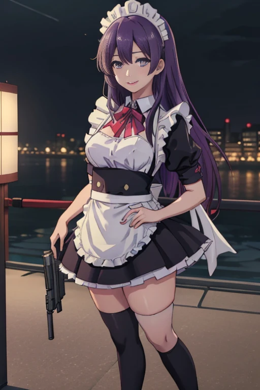 One Girl, (((Japanese Mature Maid 1.5))), alone, ((long purple hair 1.4)), (Sexy Aunt)，((Thighs)), Adult sex appeal, ((Miniskirt maid outfit 1.5))，((Knee-high socks 1.4)),whole body, ((Shoot a gun 1.2)),bangs, Realistic,((Small breasts 1.2)), (Cel animation),tune 4k, Highest quality, Slender beauty, Very clear photos, Beautiful pose、((Cute maid outfit))、smile、Straight hair,((Night city background))