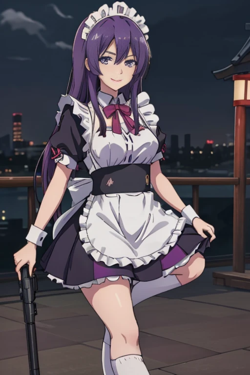 One Girl, (((Japanese Mature Maid 1.5))), alone, ((long purple hair 1.4)), (Sexy Aunt)，((Thighs)), Adult sex appeal, ((Miniskirt maid outfit 1.5))，((Knee-high socks 1.4)),whole body, ((Shoot a gun 1.2)),bangs, Realistic,((Small breasts 1.2)), (Cel animation),tune 4k, Highest quality, Slender beauty, Very clear photos, Beautiful pose、((Cute maid outfit))、smile、Straight hair,((Night city background))