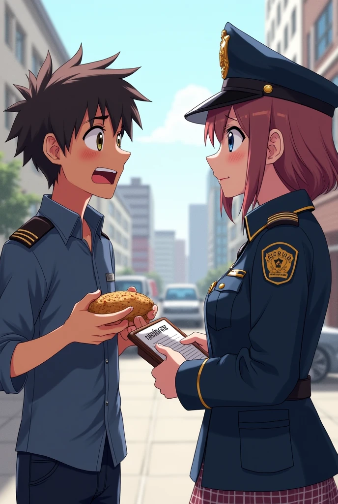 Create an image of a man villager eating on the sidewalk in a city setting, while a female police officer is scolding him. The man villager looks surprised or worried, holding his food, and the female police officer, dressed in a full uniform including a hat, is showing a stern expression while holding a notepad. The background should depict an urban environment with buildings and vehicles, and the scene is set in broad daylight with clear lighting."