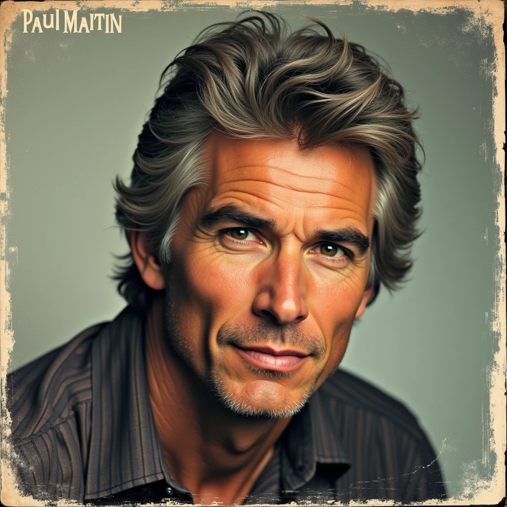 a midage man in the 80s, cover for a vinyl, popstar, scratches on the picture, old picture, The Name "Paul Martin" 