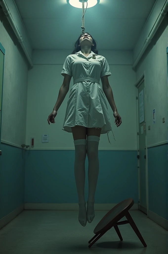 Nurse scene in white thigh high socks, hanged, thòng lọng, hovering in the air , The chair fell at the nurse's feet.